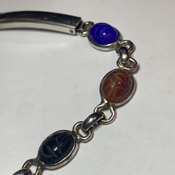 Vintage Deco 10k White GF Gold Filled Scarab Tigers eye Watch Band Bracelet 5.5” - Picture 2 of 5